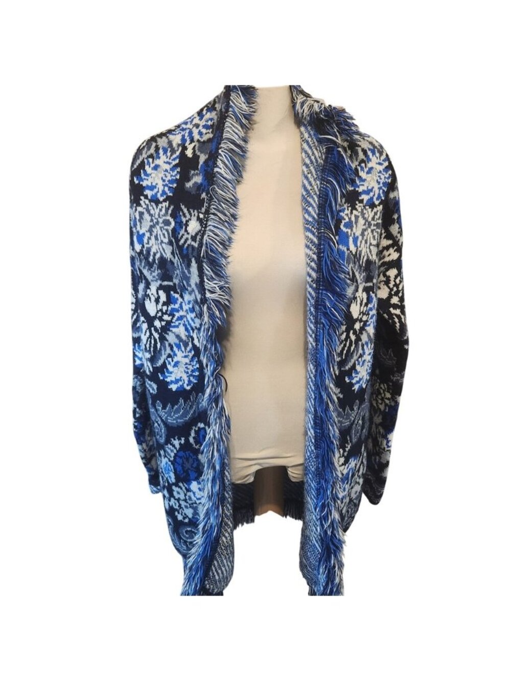 Le Nove Italy Blue Floral Jacquard Fringe Open Front Cardigan‎ Sweater OS Womens